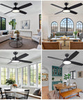 Dope 52 Inch Matte Black Modern Ceiling Fan With LED Lights And Remote Quiet Motor in various room settings