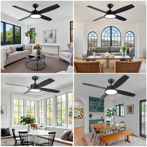 Dope 52 Inch Matte Black Modern Ceiling Fan With LED Lights And Remote Quiet Motor in various room settings