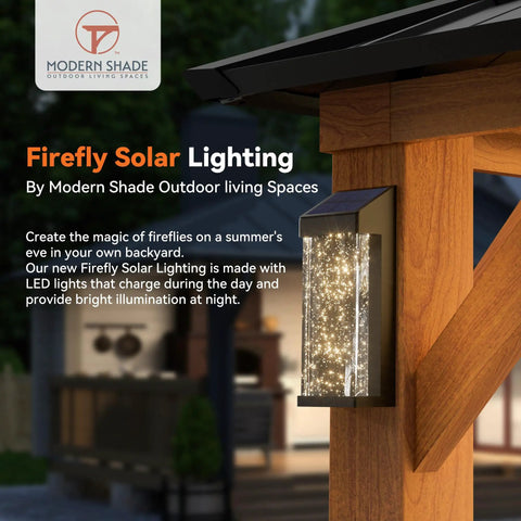 Firefly solar lighting on wooden frame with LED lights in outdoor setting
