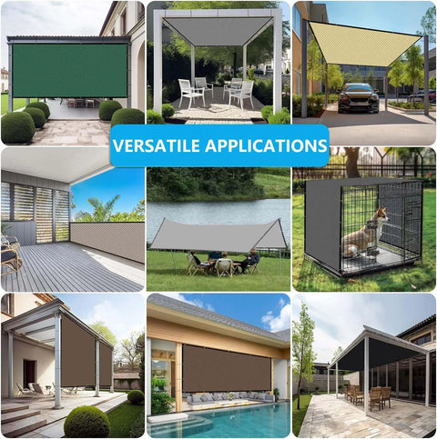 Versatile applications of 4x4 ft shade cloth with grommets used as pergola cover for patio, garden, and backyard outdoor spaces.