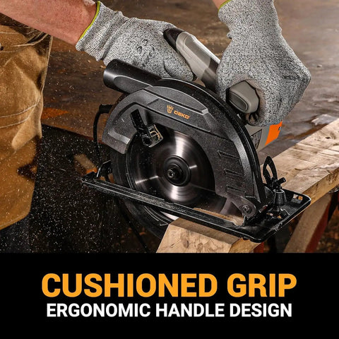 Heavy Duty 1200W Corded Circular Saw Featuring 165 Millimeter 24 Tooth Blade And Blazing 4800 Rpm cutting through wood with ergonomic handle.