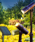 Outdoor Solar Spotlight Set Two Pack With Fifteen Inch Panel Waterproof LED Easy Install And Adjustable Height for patio use