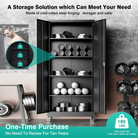 Heavy Duty Metal Rolling Storage Cabinet With Locking Wheels 75 Inch Tall Garage Organizer With Shelves Black Steel Cabinet On Casters For Home Shop Office Mobile Tool Locker Beefed Up To Tackle Big Jobs