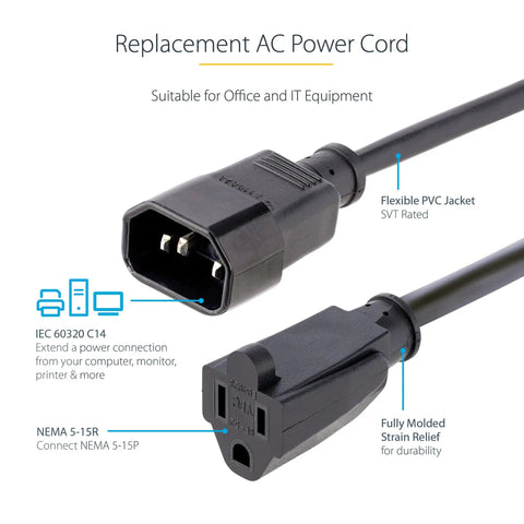 Compact 1ft Computer Power Extension Cord From IEC 60320 C14 To NEMA 5 15R For PC Server Or Home Office Gear 18AWG 125V 10A UL Listed
