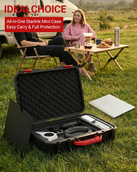 Open waterproof hard case for Starlink Mini Kit with accessories on grass during RV camping.