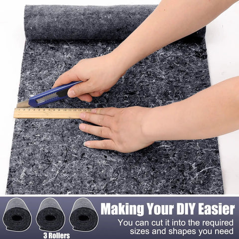 Three Piece Cotton Sound Insulation Blanket for Noise Reduction on Walls and Pipes Helps Kill Annoying Dishwasher Racket with Heavy Duty Acoustic Padding Measuring Sixteen by Forty Eight Inches to Keep Home Chillin, cutting cotton mat with ruler.