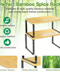 Premium Bamboo Kitchen Counter Shelf Set Of Two Stackable Expandable Spice Rack Storage Holder For Jars Cookbooks Tools with smooth surface and metal frame.