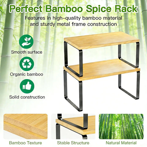 Premium Bamboo Kitchen Counter Shelf Set Of Two Stackable Expandable Spice Rack Storage Holder For Jars Cookbooks Tools with smooth surface and metal frame.