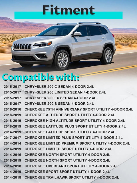 Side view of a silver 2014-2021 Cherokee SUV on a desert road with compatibility list for engine and transmission mounts.