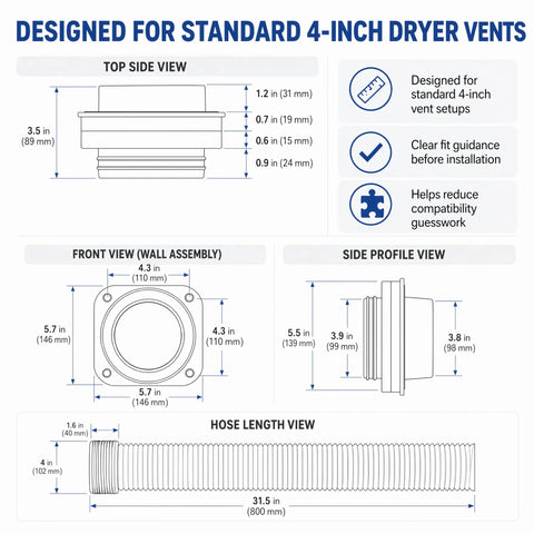 Magnetic Dryer Vent Connector Kit 180 Degree Straight Auto Align Coupling dimensions for 4-in standard vents.