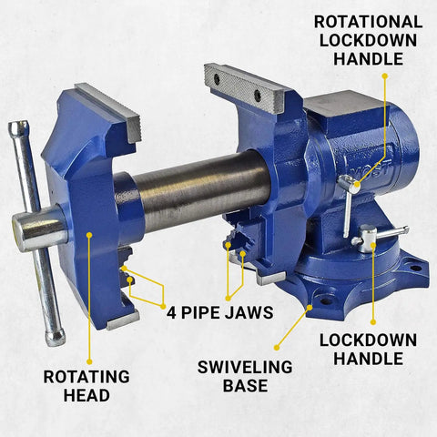 Multi Jaw Rotating Vise System 2 In 1 Bench And Pipe Vise With Swivel Base For A Beefy Secure Grip Ductile Iron And Hardened Steel Construction Medium Duty Blue