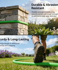 Lightweight Rubber Garden Hose Ten Feet Five Eighths Inch With Aluminum Fittings Kink Free Three Layer Construction For Flexibility And Durability Two Hundred PSI Working Pressure Easy Coil And Store Great For Lawn Garden And Yard Watering, green hose on stone wall and grass