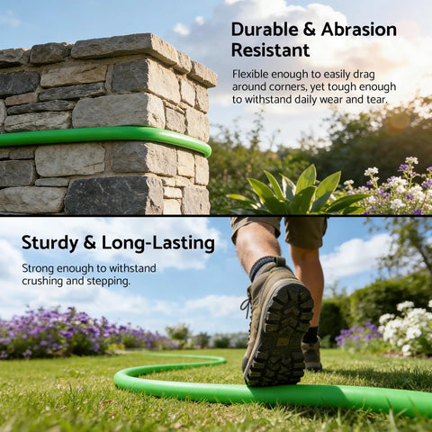 Lightweight Rubber Garden Hose Ten Feet Five Eighths Inch With Aluminum Fittings Kink Free Three Layer Construction For Flexibility And Durability Two Hundred PSI Working Pressure Easy Coil And Store Great For Lawn Garden And Yard Watering, green hose on stone wall and grass