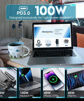Rock Solid 100W PD 3.0 USB C Car Charger Delivers Lightning Fast Charging For Laptops And Drones With Zero Sweat Plug And Play Setup on desk with laptop.