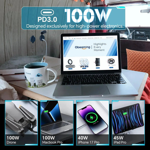 Rock Solid 100W PD 3.0 USB C Car Charger Delivers Lightning Fast Charging For Laptops And Drones With Zero Sweat Plug And Play Setup on desk with laptop.