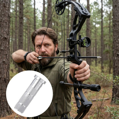 Archer aiming with bow, detail of 12 Piece Aluminum Arrow Inserts For 0.244 Inch And 6.20mm Carbon Arrow Shafts inset