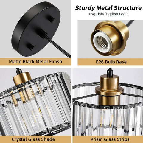 Total Glow Up Modern Crystal Pendant Lights For Kitchen Island In Sleek Black And Gold with E26 bulb base and glass shade.