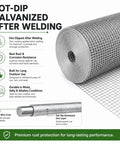 Knockout Tough 1/4 Inch Hot Dip Galvanized Wire Mesh Hardware Cloth showing zinc-coated roll for outdoor use and rust resistance.
