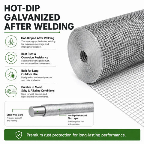 Knockout Tough 1/4 Inch Hot Dip Galvanized Wire Mesh Hardware Cloth showing zinc-coated roll for outdoor use and rust resistance.