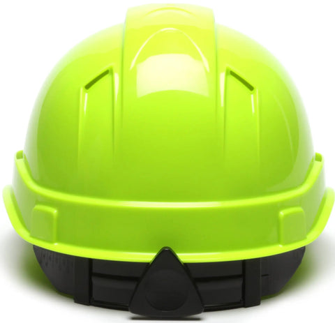 Front view of Ridgeline Cap Style Hard Hat With 4 Point Ratchet Suspension, Hi Vis Green Safety Gear For The Job Site.