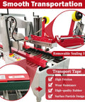 Heavy Duty Plug And Play Automatic Case Sealing Machine And Dual Flap Box Tagger With Smooth Conveyor Belt close-up showing removable sealing head and conveyor.