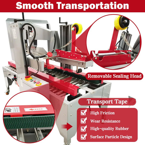 Heavy Duty Plug And Play Automatic Case Sealing Machine And Dual Flap Box Tagger With Smooth Conveyor Belt close-up showing removable sealing head and conveyor.