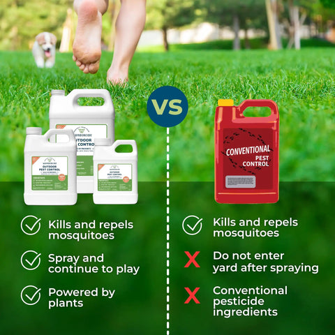Outdoor Pest Control Spray Concentrate with Natural Essential Oils shown alongside conventional spray comparison chart