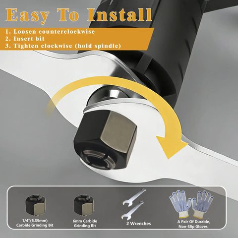 Close-up of Built Like A Tank Cordless Die Grinder with installation instructions and carbide bits.