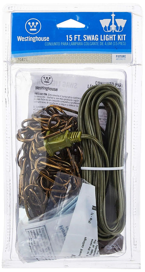 Antique Brass 15-Foot Swag Light Kit With Chain And Inline Switch, 20-Foot Cord, Hooks Included, Model 7047100 packaged view