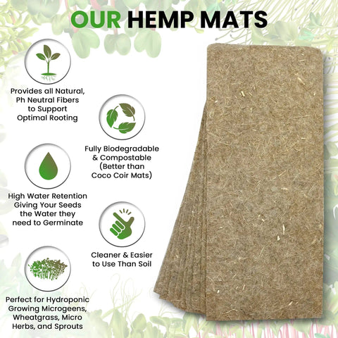 Water Wicking Hemp Mats For Microgreens And Wheatgrass Kit, 13 By 5.5 Inch Size That Fits A Hydroponic Microgreens Tray, Cut To Fit, showing stacked mats with benefits icons