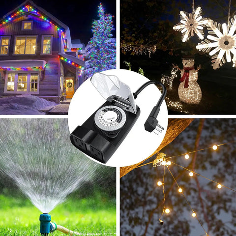 Rugged Outdoor Timer Outlet With Two Grounded Outlets 24 Hour Mechanical Dial Waterproof ETL Listed For Outdoor Lights Control