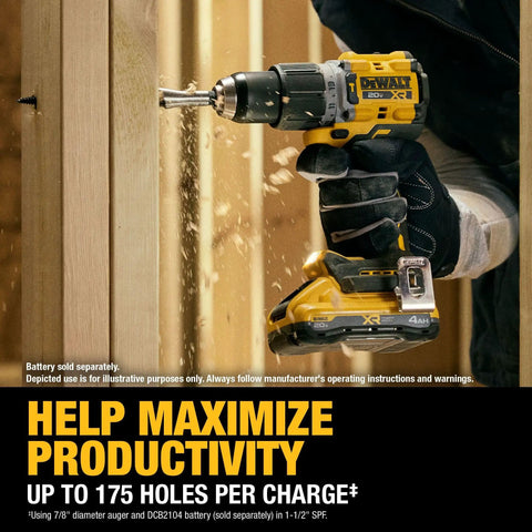 20V Max XR Brushless Cordless Hammer Drill With Anti Rotation System And Two Speed Control Tool only half inch chuck in use on wood.