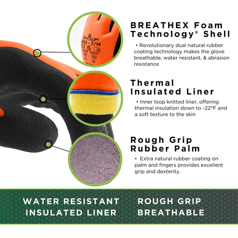 Full Double Coated Natural Rubber Latex Winter Work Gloves With Nylon Blend Liner, thermal liner, rough grip details