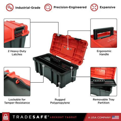 Open red and black toolbox of OSHA Compliant Lockout Tagout Kit With 85 LOTO Devices And Durable Toolbox Includes Locks Breaker And Valve Lockouts Tags Inspection Tags Cable Lock Plug Lock Hasps For Quick Safe Energy Control