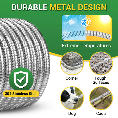 Close-up of Stainless Steel Garden Hose 3 Ft Heavy Duty Metal Water Hose With Female To Female Fittings, Leak Proof and Puncture Resistant