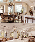 Dining and kitchen areas with chandeliers, showcasing 12 Pack Dimmable LED Candelabra Bulbs 100 Watt Equivalent 800 Lumens 3000K Soft White CA11.