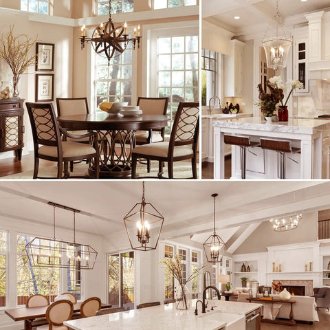 Dining and kitchen areas with chandeliers, showcasing 12 Pack Dimmable LED Candelabra Bulbs 100 Watt Equivalent 800 Lumens 3000K Soft White CA11.
