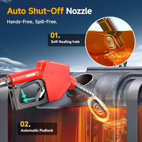 Cordless Fuel Transfer Pump Kit With 12 GPM Electric Flow 21V 4.0Ah Battery And Charger Portable Easy Peasy Diesel Kerosene Transfer Pump With Auto Off Nozzle And Dual 6.6Ft Hoses For Tractors And Farm Equipment showing auto shut-off nozzle and self-sealing hole.