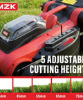 Close-up of 40V 16-Inch Brushless Cordless Walk-Behind Lawn Mower with 5-position height adjustment, red and black design.