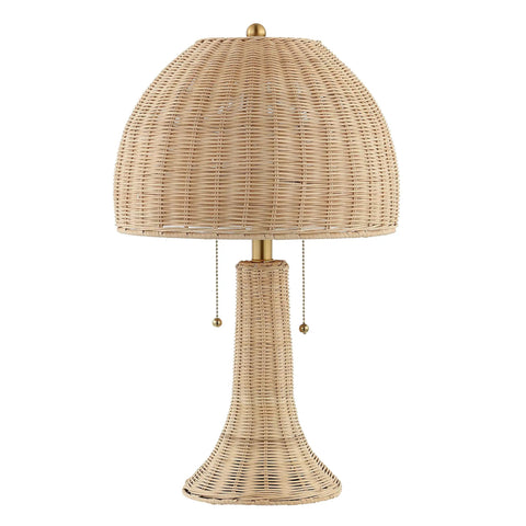 Bohemian Rustic 22 Inch LED Table Lamp With Natural Rattan Shade And Brass Gold Finish, Farmhouse Coastal Nightstand Light