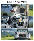 Trunk Organizer With Built In Cooler Bag For Cars And SUVs, Heavy Duty Foldable Storage With Three Large Compartments, 69L and 23L capacity, shown in vehicle trunk, showcasing storage versatility.