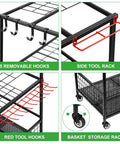 Garden Tool Organizer With Wheels Rugged Heavy Duty Metal Shelf Garage Tool Storage Rack With Hooks and Mesh Basket