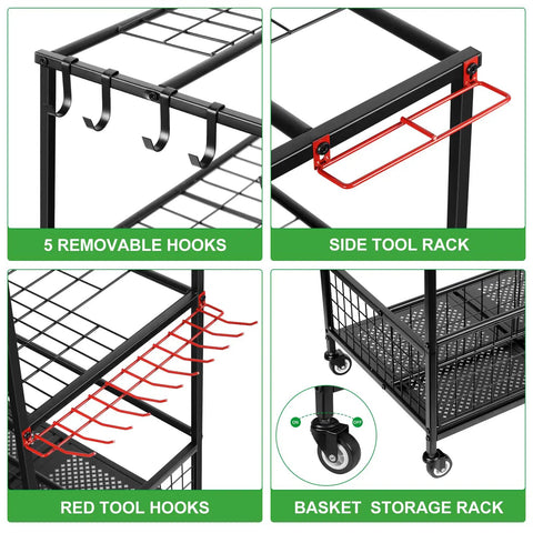 Garden Tool Organizer With Wheels Rugged Heavy Duty Metal Shelf Garage Tool Storage Rack With Hooks and Mesh Basket