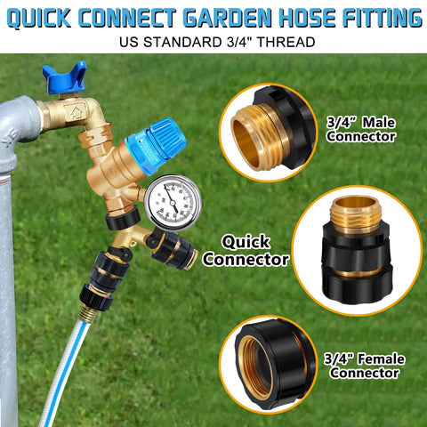 Must Have Adjustable RV Water Pressure Regulator Kit With Inline Filter Brass Elbow Hose Splitter in use on outdoor pipe