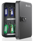 Heavy Duty Steel Key Wall Cabinet With Twenty Spaced Out Hooks And Three Digit Combo Lock Keep Your Spare Keys Safe And Sound For Home Office Or Rental Property Indoors Black with open door showing keys.