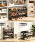 Expandable 2 Tier Metal Shoe Rack Stackable Closet Organizer Adjustable Entryway Storage Space Saver for Home Dorm Small Rooms Game Changer Organization King in small closet with shoes organized.