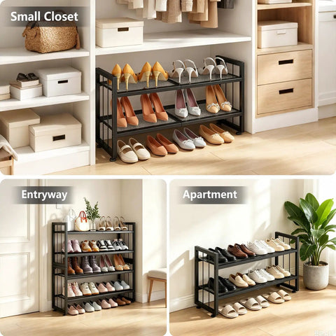 Expandable 2 Tier Metal Shoe Rack Stackable Closet Organizer Adjustable Entryway Storage Space Saver for Home Dorm Small Rooms Game Changer Organization King in small closet with shoes organized.