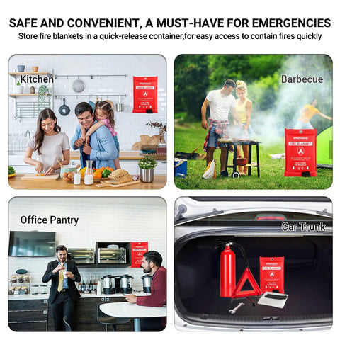 Collage showing usage of Heavy Duty Emergency Fire Blanket 2 Pack in kitchen, barbecue, office pantry, and car trunk