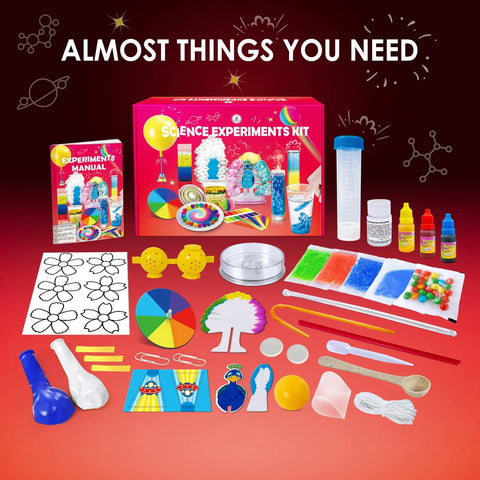 Hands On Science Kit With 40 Plus Experiments For Kids, Chemistry Set displayed with various colorful components and manual