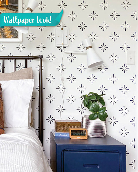 Bedroom wall with starburst pattern using Starburst Geometric Wall Stencil Kit 2 Pack Of 16.5 X 31.5 Inch Stencils For Large Pattern Scandinavian Style DIY Wall Art Easy Paint Application Budget Friendly Dope Wallpaper Alternative Includes Step By Step Instructions And Video Tutorials